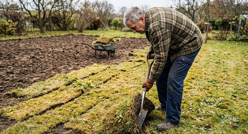 Eine ältere, lückige Rasenfläche wird mit einem Spaten in Streifen abgetragen, im Hintergrund liegt bereits freigelegter, brauner Boden