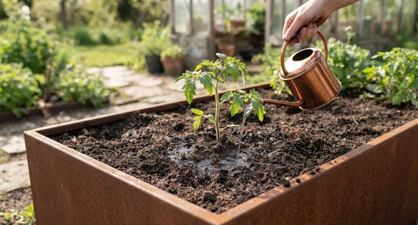 Eine abgehärtete Jungpflanze wird in die Mitte eines mit Erde gefüllten Hochbeets aus Cortenstahl gesetzt und angegossen