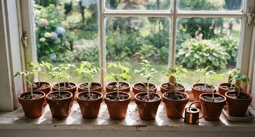 Junge Tomatensämlinge in kleinen Anzuchttöpfen stehen dicht am Glas einer sonnigen Fensterbank