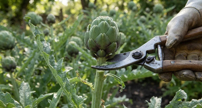 Eine Gartenschere schneidet eine feste, geschlossene Artischockenknospe mit einer Handlänge Stiel von der Pflanze ab, die Schuppen liegen noch dicht und leicht überlappend an