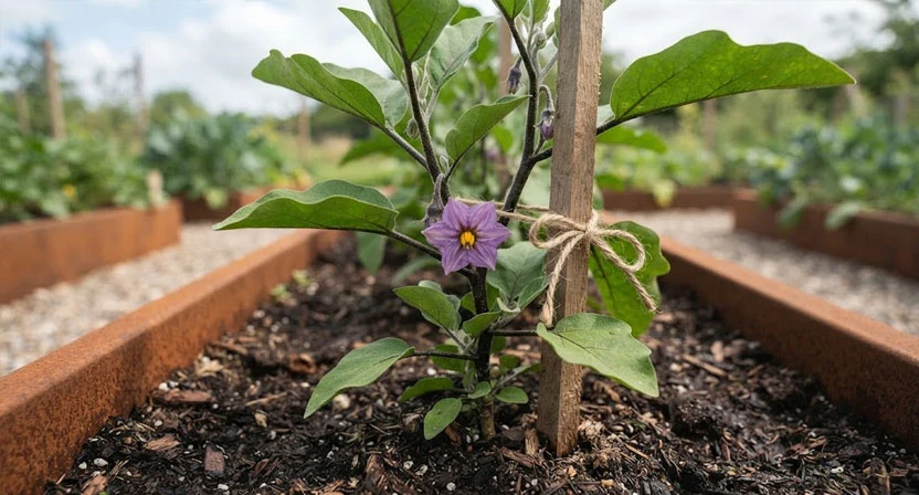 Eine junge Auberginenpflanze in einem Cortenstahl-Hochbeet ist locker mit weichem Bindfaden an einen Stab gebunden, eine violette sternförmige Blüte ist am Stängel geöffnet