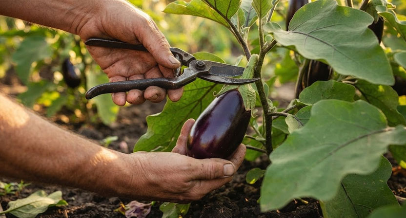 Hände schneiden vorsichtig eine reife, glänzende, violette Aubergine mit einem Messer oder einer Gartenschere von der Pflanze. Der Erntemethodenprozess wird anschaulich gezeigt.
