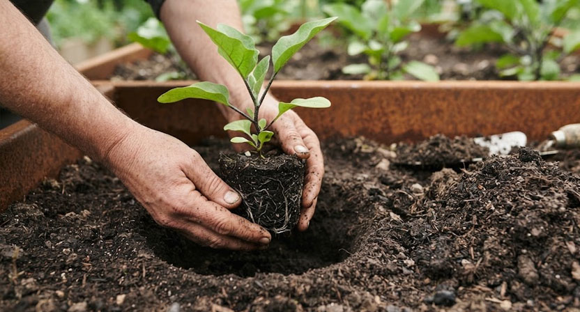 Hände setzen vorsichtig eine junge Auberginenpflanze in ein vorbereitetes Pflanzloch in der Erde eines Hochbeets. Der Pflanzvorgang wird anschaulich dargestellt.