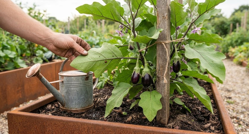 Eine gesunde Auberginenpflanze in einem Hochbeet mit Stützstäben wird gegossen oder auf Schädlinge überprüft. Dies veranschaulicht die fortlaufende Pflege der Pflanze.