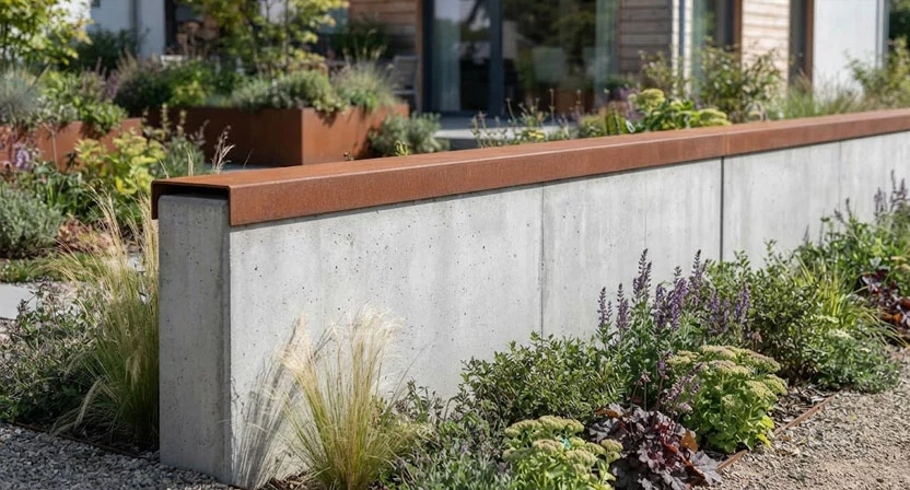 Eine graue Betonmauer im Garten, deren Krone von einem rotbraunen Cortenstahl-Profil abgedeckt wird