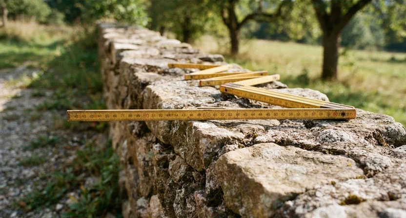 Ein Zollstock liegt quer über der Krone einer Bruchsteinmauer und zeigt die Breite, die für das Profil gemessen wird