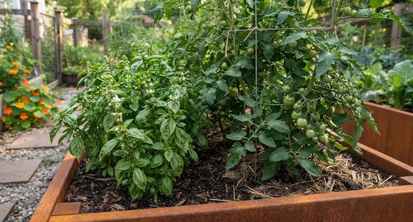 Basilikumpflanzen wachsen im Hochbeet direkt neben Tomatenstauden mit ersten grünen Früchten