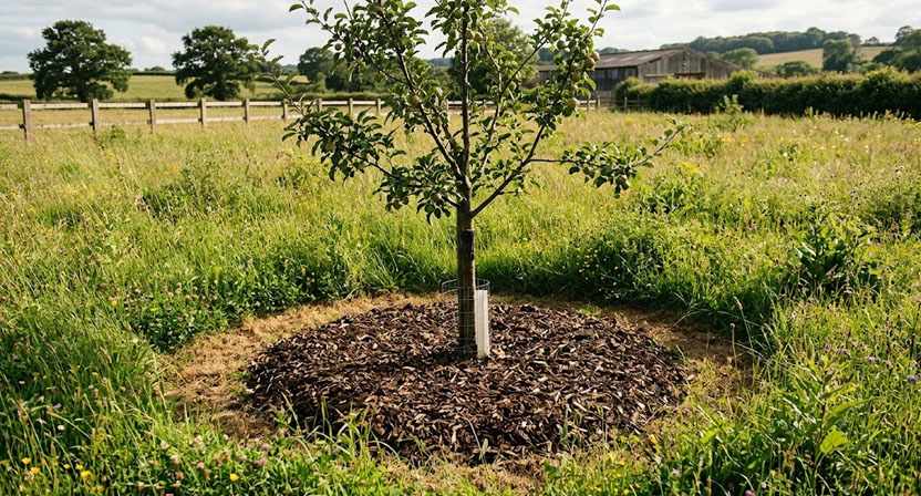 Ein kreisförmiger, von Gras freigehaltener Bereich um den Stamm eines jungen Obstbaums hebt sich deutlich von der umgebenden Wiese ab