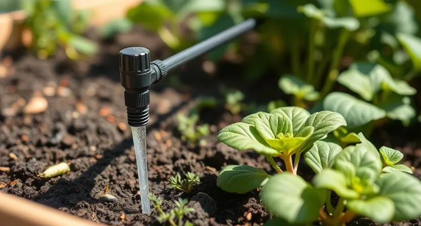 Ein Tropfbewässerungssystem, das in einem Hochbeet installiert ist und verschiedene Pflanzen bewässert. Fokus auf die Wassertropfen und das gesunde Laub, sonnige Außenumgebung, Nahaufnahme.
