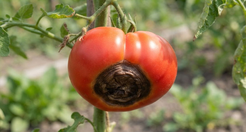 Tomatenfrucht mit eingesunkenem dunkelbraunem lederigem Fleck am Blütenende