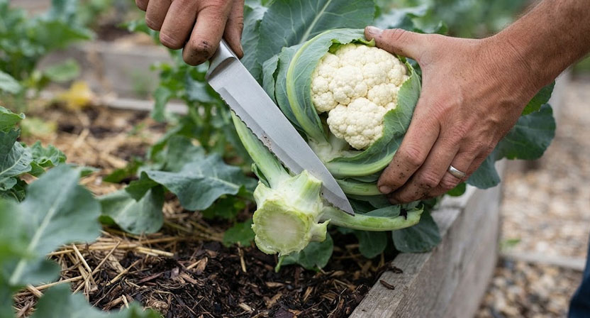 Ein Messer schneidet den dicken Stiel eines festen weißen Blumenkohlkopfes unterhalb der umgebenden Blätter durch, der Kopf ist dicht und geschlossen