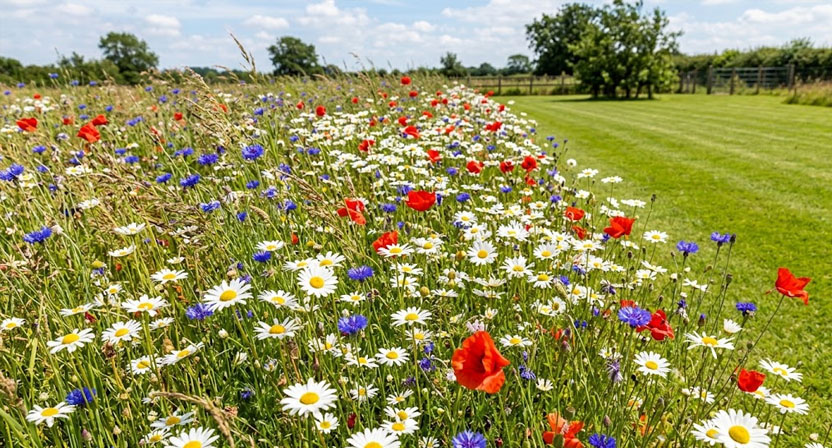Eine bunt blühende Wiese mit Margeriten, Klatschmohn und Kornblumen wiegt sich im Wind, im Hintergrund ist eine kurz gemähte Rasenfläche zu erkennen
