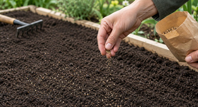 Eine Hand streut feines Saatgut aus einer kleinen Papiertüte gleichmäßig über ein fein geharktes, dunkles Beet