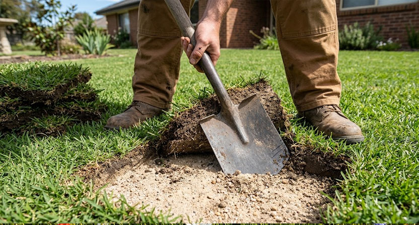 Eine geharkte, ebene Erdfläche mit ersten zarten grünen Keimlingen in unregelmäßigen Reihen, im Hintergrund liegt eine Harke im Gras