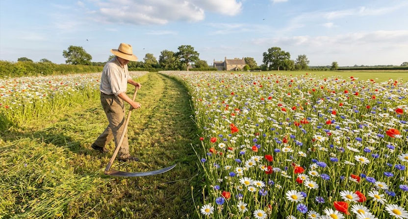 Eine Person mäht mit einer Sense einen Teil einer blühenden Wiese, während ein anderer Bereich mit Margeriten und Kornblumen ungemäht stehen bleibt