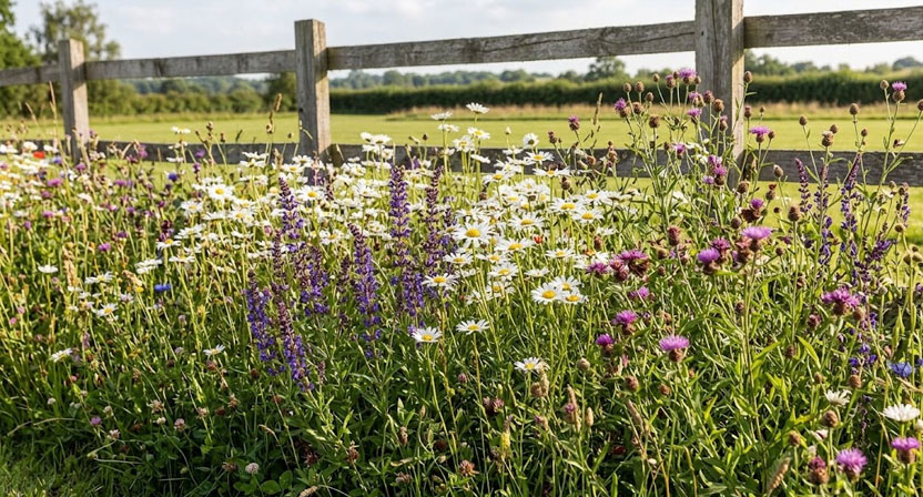 Eine mehrjährig etablierte Blumenwiese im zweiten Standjahr mit dichtem Bewuchs aus Margeriten, Wiesen-Salbei und Wiesen-Flockenblume vor einem Zaun