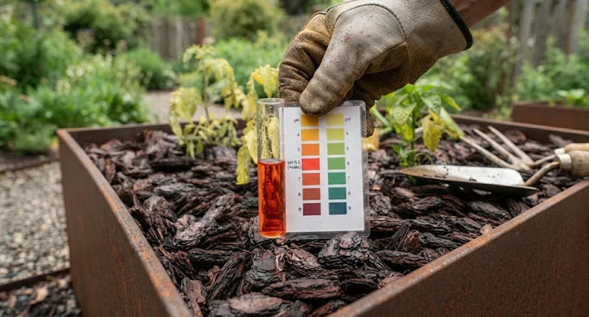 Ein Boden-pH-Testkit zeigt einen Wert an, der auf sauren Boden in einem Hochbeet mit Rindenmulch auf der Oberfläche hinweist. Gartengeräte sind in der Nähe sichtbar.
