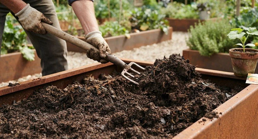  Hände wenden mit einer Schaufel oder Grabgabel die Erde in einem Gartenbeet, wobei gelockerter Boden und möglicherweise etwas Kompost eingearbeitet werden. Dies veranschaulicht die Bodenbereitung für die Bepflanzung.
