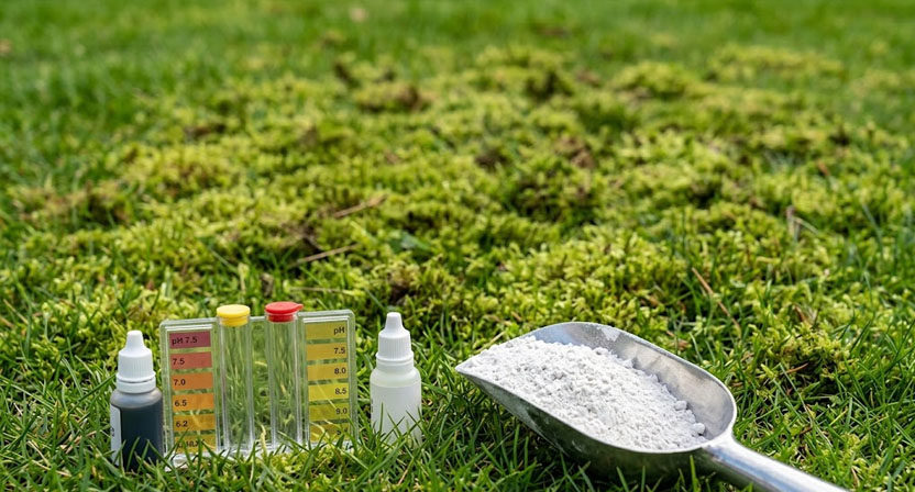 Ein einfaches Bodentest-Set liegt neben einer Schaufel Gartenkalk auf einer Rasenfläche, im Hintergrund unscharf ein moosdurchsetzter Bereich