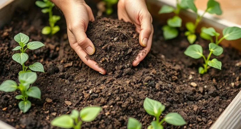 Hände, die Kompost in die Erde eines Hochbeets einarbeiten, umgeben von wachsenden Pflanzen. Konzept der Gartenarbeit und Bodenanreicherung, Nahaufnahme.