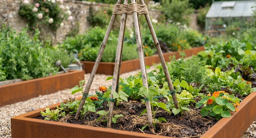 Vier zusammengebundene Bohnenstangen bilden ein Tipi über einem Hochbeet, unten sind junge Stangenbohnen frisch angebunden