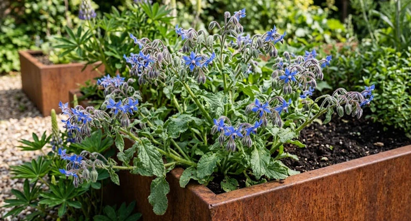 Eine rau behaarte Borretschpflanze mit mehreren leuchtend blauen, sternförmigen Blüten wächst am Rand eines Cortenstahl-Hochbeets