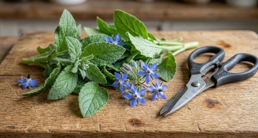Frisch geerntete Borretschblätter und einzelne blaue Blütensterne liegen auf einem Holzbrett neben einer Küchenschere