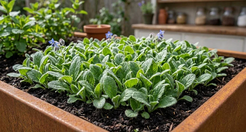 Zahlreiche junge Borretschkeimlinge mit rau behaarten Keimblättern wachsen dicht gedrängt im Frühjahr im Hochbeet