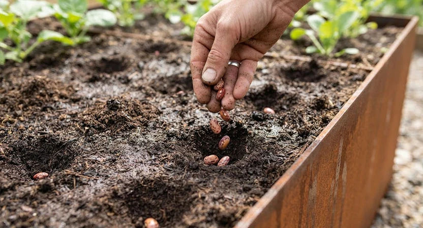 Eine Hand lässt fünf bis sechs Bohnensamen in eine einzelne flache Mulde in der Erde eines Cortenstahl-Hochbeets fallen, weitere Mulden daneben sind bereits bedeckt und gleichmäßig verteilt