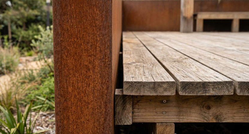 Ein schmaler Luftspalt zwischen einer Cortenstahlkonstruktion und den Dielen einer Holzterrasse verhindert direkten Kontakt