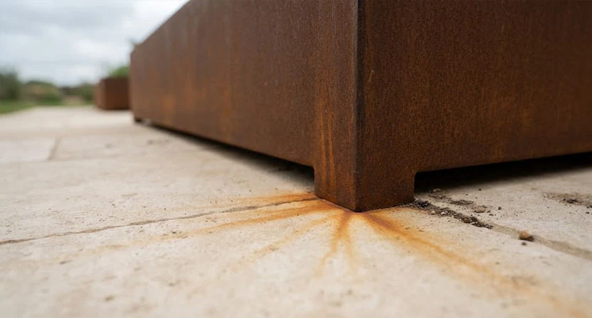Der Fuß eines Cortenstahl-Hochbeets auf hellen Natursteinplatten, mit feinen rostfarbenen Regenlaufspuren auf dem Belag direkt unter der Kante