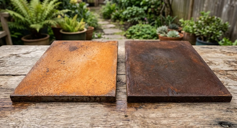 Zwei nebeneinanderliegende Stahlmuster in unterschiedlichem Rostbraun zeigen einen ähnlichen Farbverlauf bei verschiedenen Materialien.