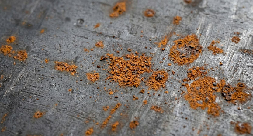Nahaufnahme einer noch überwiegend grauen Stahlfläche mit einzelnen, unregelmäßig verteilten orangebraunen Rostflecken.