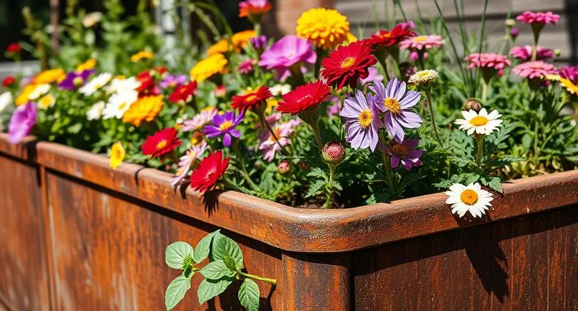 Eine Nahaufnahme eines Hochbeets aus Edelrost, das überquillt mit farbenfrohen Blüten und verschiedenen Kräutern. Der Fokus liegt auf den strukturierten Rostoberflächen und den leuchtenden Farben der Pflanzen in einer sonnigen Außenumgebung.