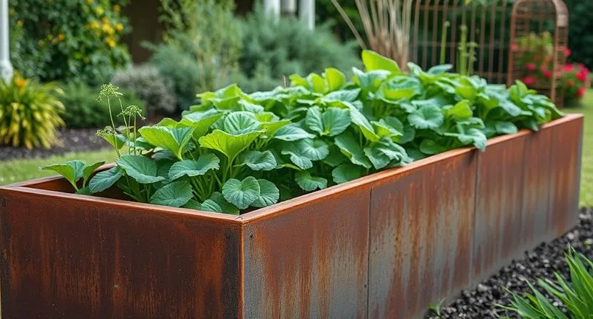 warum-soll-ich-ein-edelrost-hochbeet-kaufen - Ein kunstvoll gestaltetes Hochbeet aus Edelrost, gefüllt mit üppig grünen Pflanzen in einer gepflegten Gartenlandschaft. Weiches, natürliches Licht und eine leicht erhöhte Perspektive betonen die strukturierte