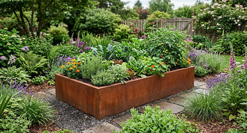 Ein Hochbeet aus Cortenstahl mit vollständig ausgebildeter, gleichmäßig rotbrauner Patina, umgeben von grünen Pflanzen in einem gepflegten Gartenbeet bei weichem Tageslicht