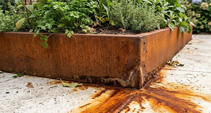 Rotbraune Verfärbung durch abgelaufenes Rostwasser auf einer hellen Betonplatte am Fuß eines Cortenstahl-Hochbeets