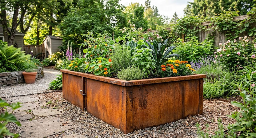 Ein Hochbeet aus Cortenstahl mit durchgehend orange-rostbrauner Oberfläche, die Struktur des Materials ist deutlich sichtbar.