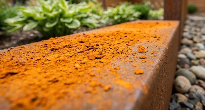 Nahaufnahme der noch hellorangenen, lose gebundenen Rostoberfläche eines frisch aufgestellten Cortenstahl-Elements