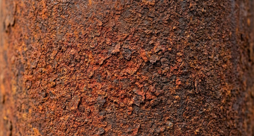Nahaufnahme einer Cortenstahl-Oberfläche mit unregelmäßiger, kleinteilig krustiger Rostpatina in wechselnden Rot- und Dunkelbrauntönen