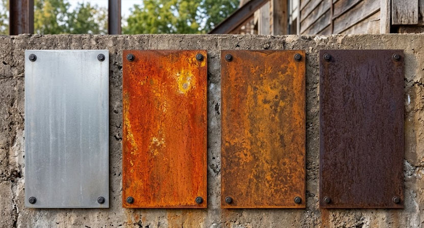 Vier nebeneinander montierte Cortenstahl-Musterbleche zeigen den Farbverlauf von silbrig-grau über orange bis dunkelbraun.
