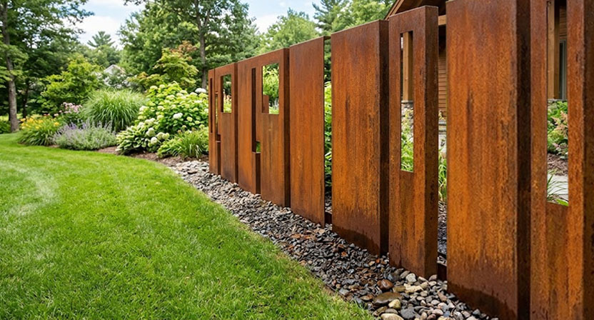 Ein Raumteiler aus Cortenstahl steht an einer Rasenkante, an der abgelaufenes Rostwasser kaum sichtbar wird