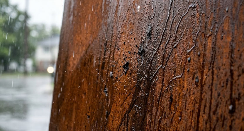 Regentropfen treffen auf eine rostrote Cortenstahl-Oberfläche, feine Wasserrinnsale ziehen sich über die raue Struktur nach unten.