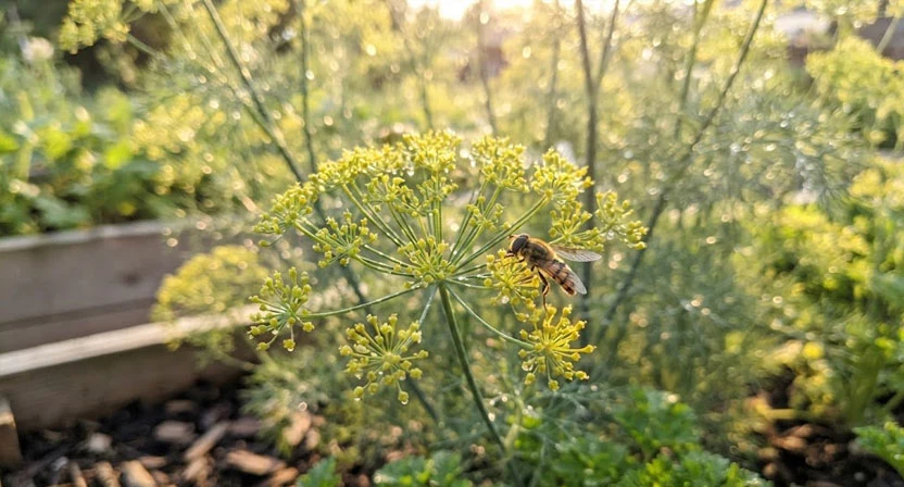 Eine blühende Dilldolde in einem Hochbeet mit einer Schwebfliege darauf, feines fedriges Laub im Hintergrund