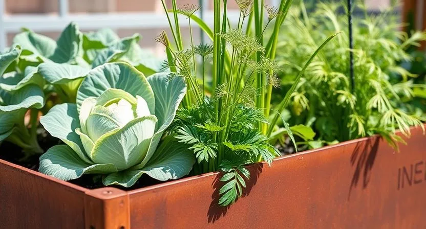 Ein Hochbeet aus Cortenstahl mit gesunden Kohlpflanzen, Selleriestangen und hohen, filigranen Dillpflanzen, die zusammen wachsen. Mischkultur für natürlichen Schädlingsschutz, biologischer Gartenbau, natürliches Licht.