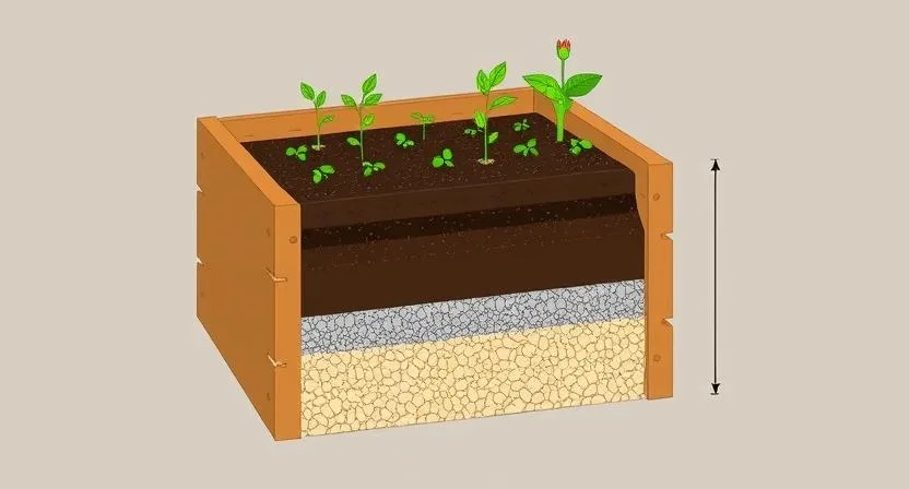 Eine Querschnittsillustration, die die Schichten eines Hochbeets zeigt, einschließlich einer unteren Schicht aus Kies oder Sand zur Drainage, gefolgt von Erde und Pflanzen. Pädagogisches Diagramm, klar und informativ.