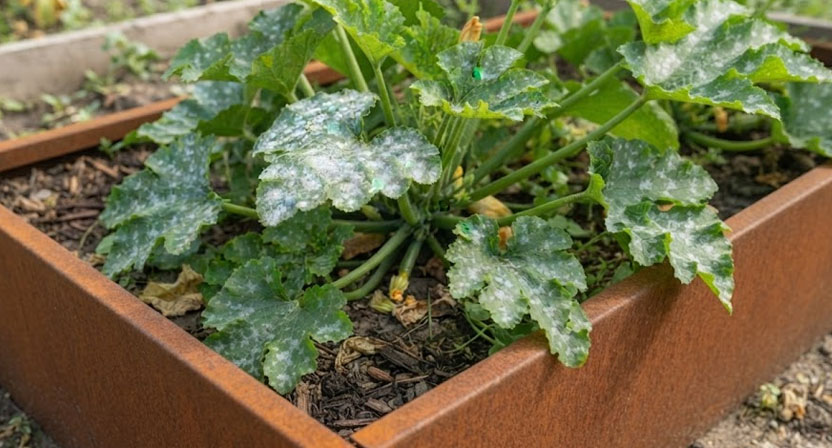 Weißer mehliger Belag in runden Flecken auf der Oberseite eines Zucchiniblattes