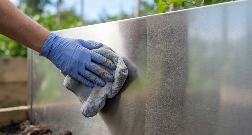 Behandschuhte Hand wischt die gebuerstete Edelstahlwand eines Hochbeets mit einem weichen Tuch ab