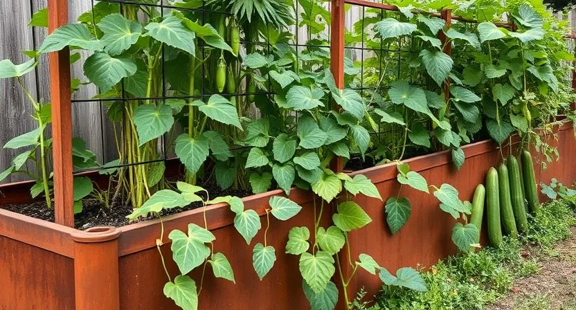 Ein Hochbeet mit Leguminosen wie Bohnen und Erbsen, die an Rankgittern wachsen, neben Maisstängeln und Gurkenpflanzen. Symbiotische Beziehung, vertikale Gartenarbeit, weite Aufnahme.