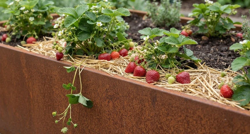 Erdbeerpflanzen am Rand eines Cortenstahl-Hochbeets, eine Lage saubere Stroh unter den Fruchttrauben, damit die reifen roten Beeren sauber und trocken bleiben, ein Ausläufer hängt über die Kante
